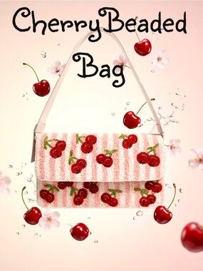 Handcrafted in India Viral Beaded Cherries Cherry Pink Striped Shoulder Bag